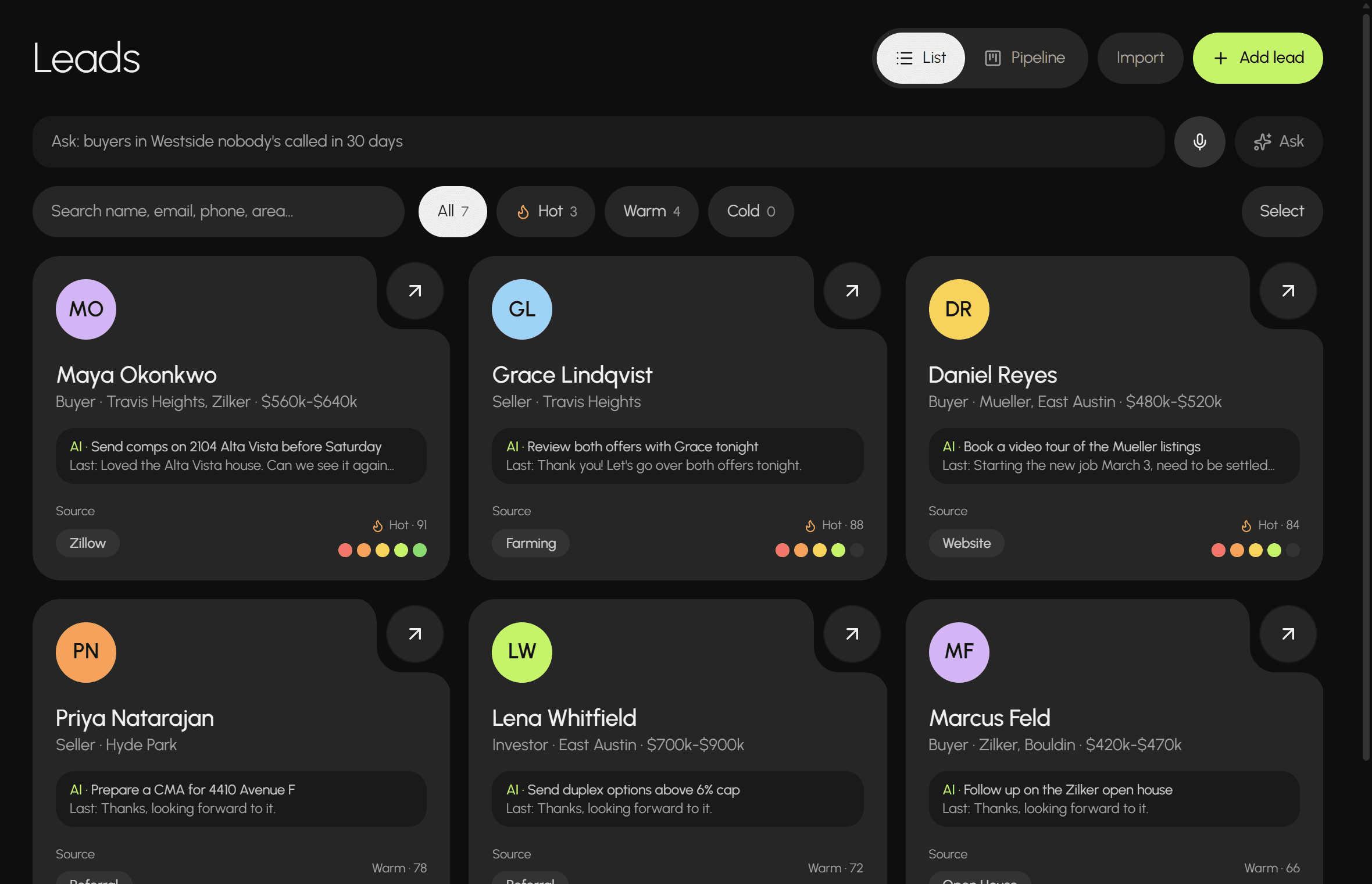 The Estos leads board: each lead with its AI score, next step and source.
